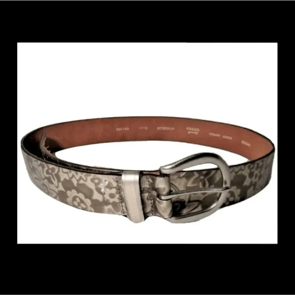 Vintage Fossil Silver Metallic Embossed Textured Genuine Leather Belt Womens L